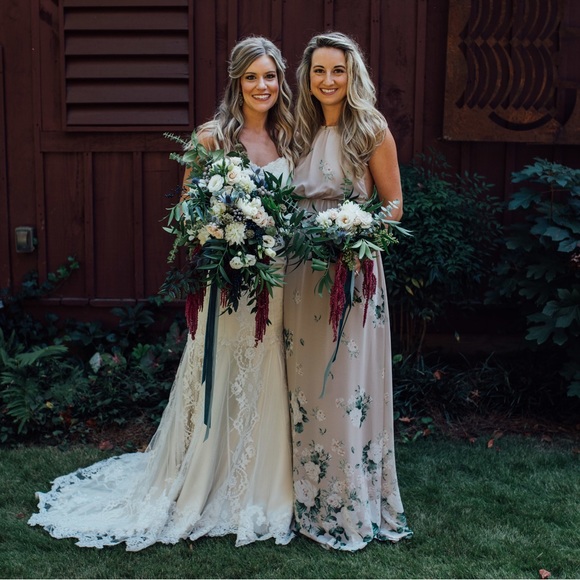 blue dress for baby girl Zapaka Women Grey Green Printed Flower Bridesmaid Dress with Slit Square Neck Chiffon Wedding Guest Dress, Grey Green / US2 main image 0